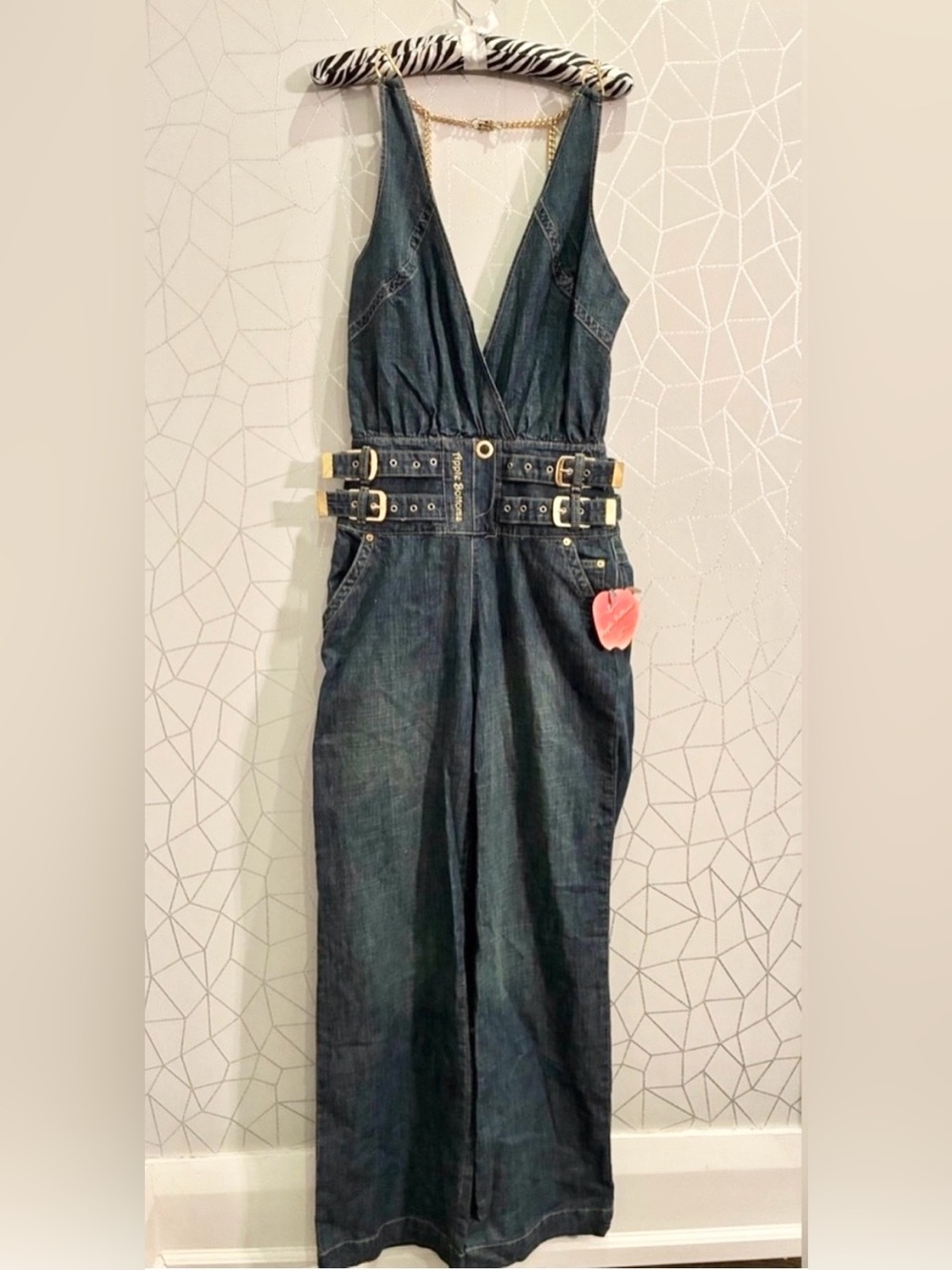 APPLE BOTTOMS BY NELLY denim Y2K jumpsuit open back gold chains wide leg